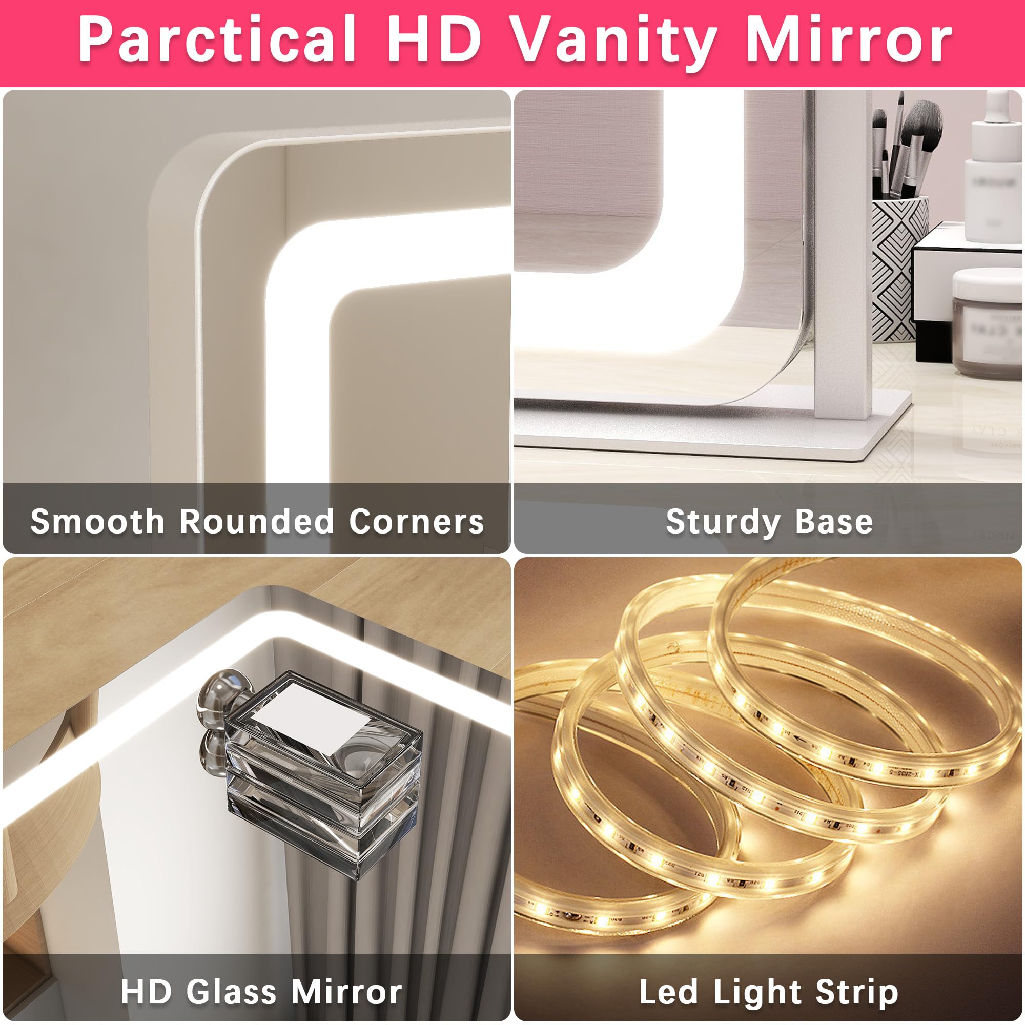 ROLOVE 22x17 Inch Lighted Vanity Mirror with Dimmable LED Lights - 3 Color Modes, Smart Touch Control & 360° Rotating Base - Desk Makeup Mirror (White)