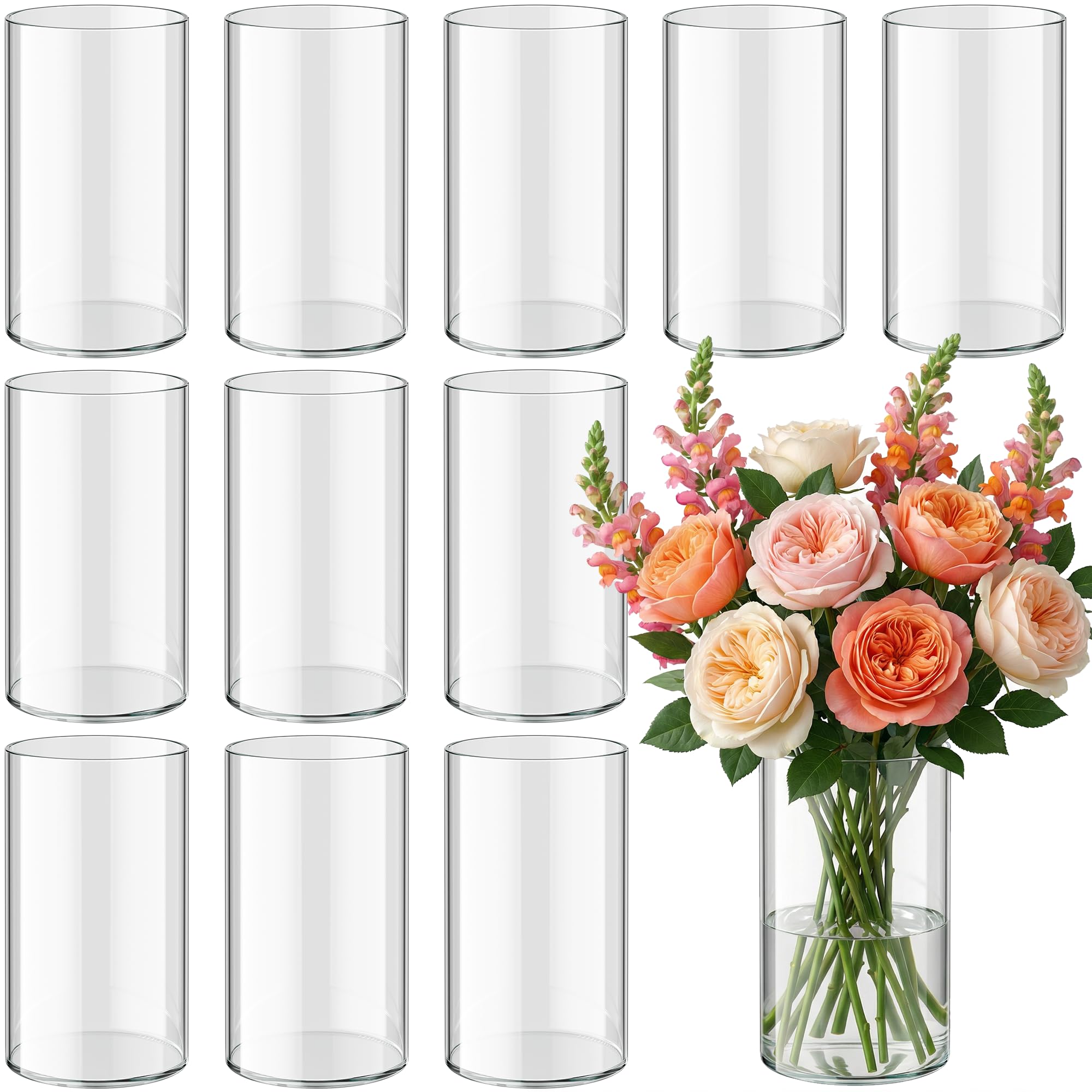 Photo 1 of 12pcs Glass Cylinder Vases for Centerpieces, 6 Inch Tall Flower Vase for Wedding Decorations, Hurricane Vases Floating Candle Holder for Table Centerpiece Wedding Home Décor