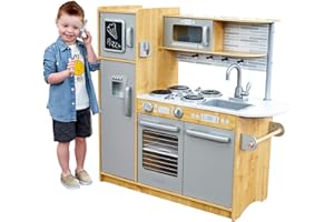 KidKraft Uptown Natural Wooden Play Kitchen with Play Phone, Chalkboard & Towel Rack, Gift for Ages 3+