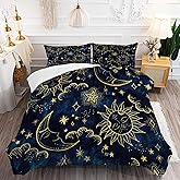 FUYEUN Celestial Comforter Set Full Size Blue Gold Sun and Moon Boho Bedding for Kids Adult Women Teens Universe Galaxy Bohemian Exotic Gothic Quilt 1 Comforter + 2 Pillow Cases