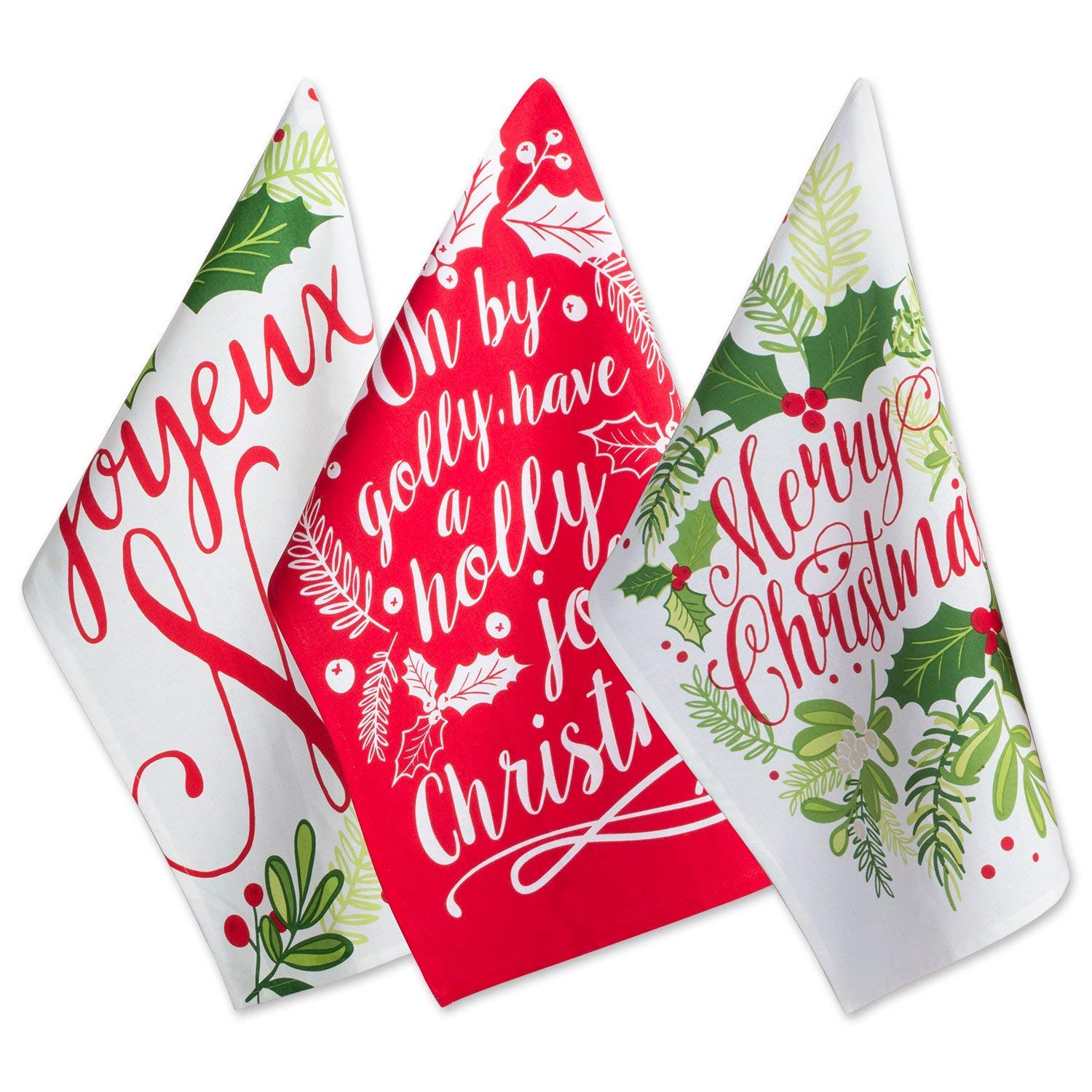 DII Christmas Tea Towels for Baking, Cooking & Entertaining, Cotton, Printed Holly, 18x28