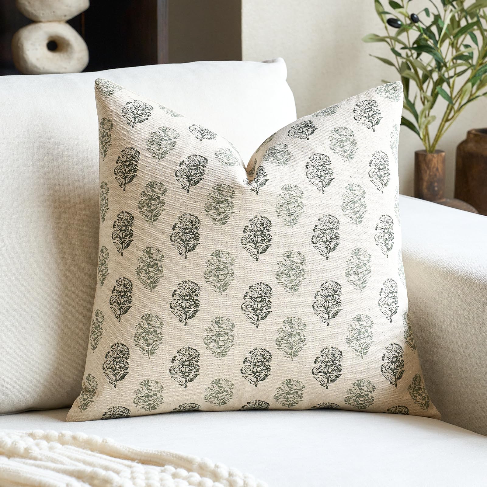 Photo 1 of FIOUOVO Floral Vintage Throw Pillow Covers 20x20 Pillow Cover Block Print Decorative Cushion Covers Farmhouse Neutral Accent Home Décor for Sofa Couch Living Room Bedroom, 1PC, Olive Green
