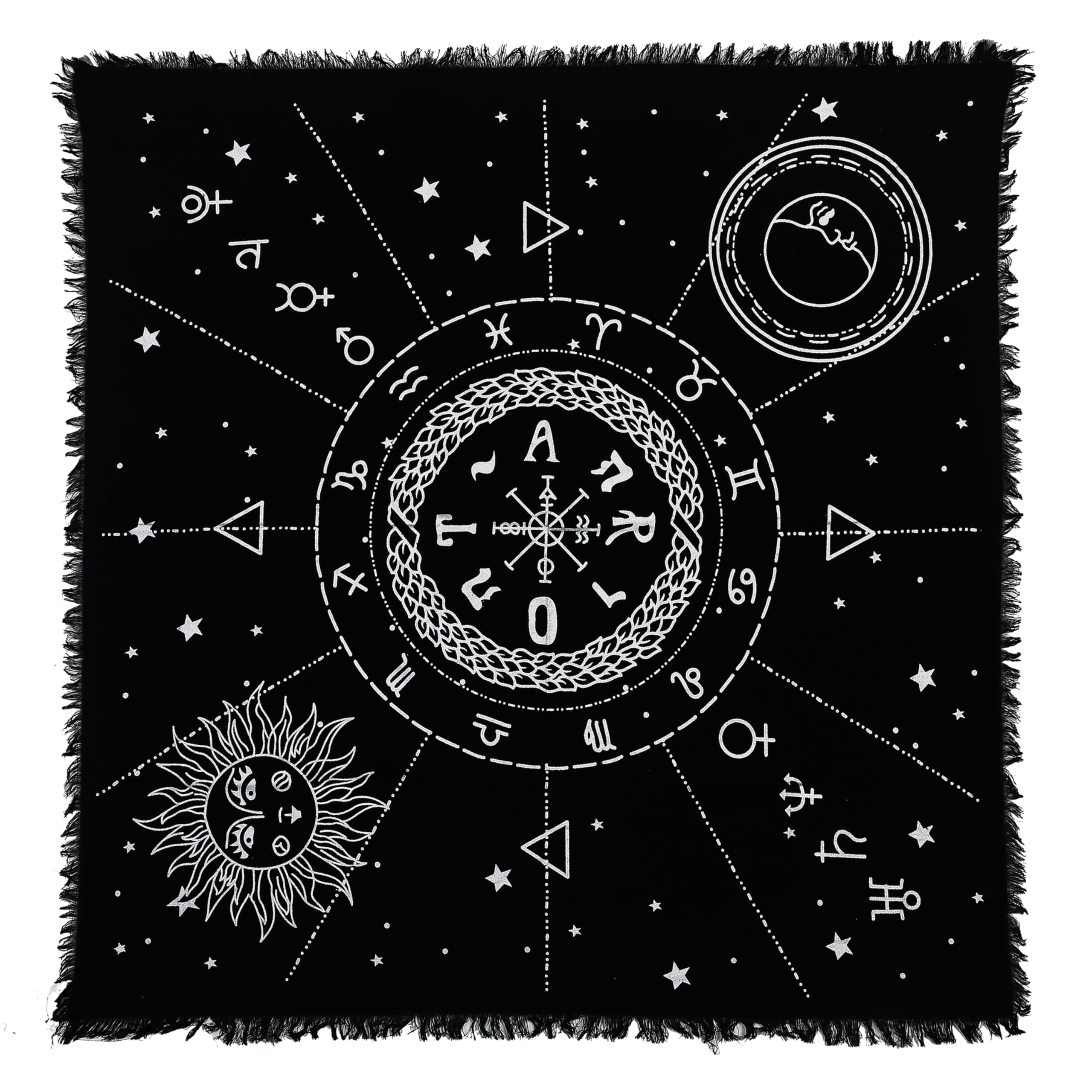 Indian Consigners Astrological Altar Cloth – Witchery Table Cover with Zodiac, Sun, Moon & Sigil Design – Tarot Reading Cloth for Rituals & Divination