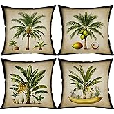 Doobicy Tropical Coconut Palm Pillow Covers 18x18 Inch Set of 4, Vintage Botanical Banana Tree Linen Pillow Cushion Covers, Double-Sided Printing, Farmhouse Beach Decor for Sofa Couch Patio