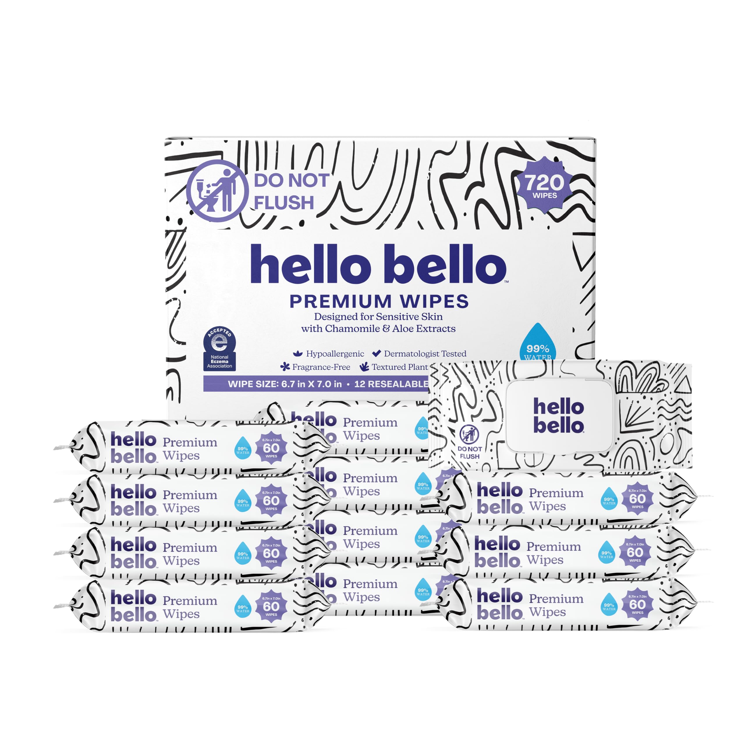 Hello Bello Premium Wipes, Designed for Sensitive Skin with Chamomile & Aloe Extracts, Playful Sketches (12 Resealable Packets = 720 Total Wipes) Image