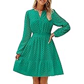 ZESICA Women's 2026 Long Sleeve Mini Dress Fall V Neck Hollow Out Eyelet Embroidery Ruffle A Line Swing Short Dresses