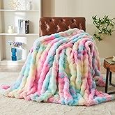 RYNGHIPY Faux Fur Throw Blanket Tie Dye Colorful Rainbow Blanket for Couch Plush Fluffy Faux Rabbit Fur Decoration Blanket for Sofa Chair Bed (Rainbow, 63''x79'')