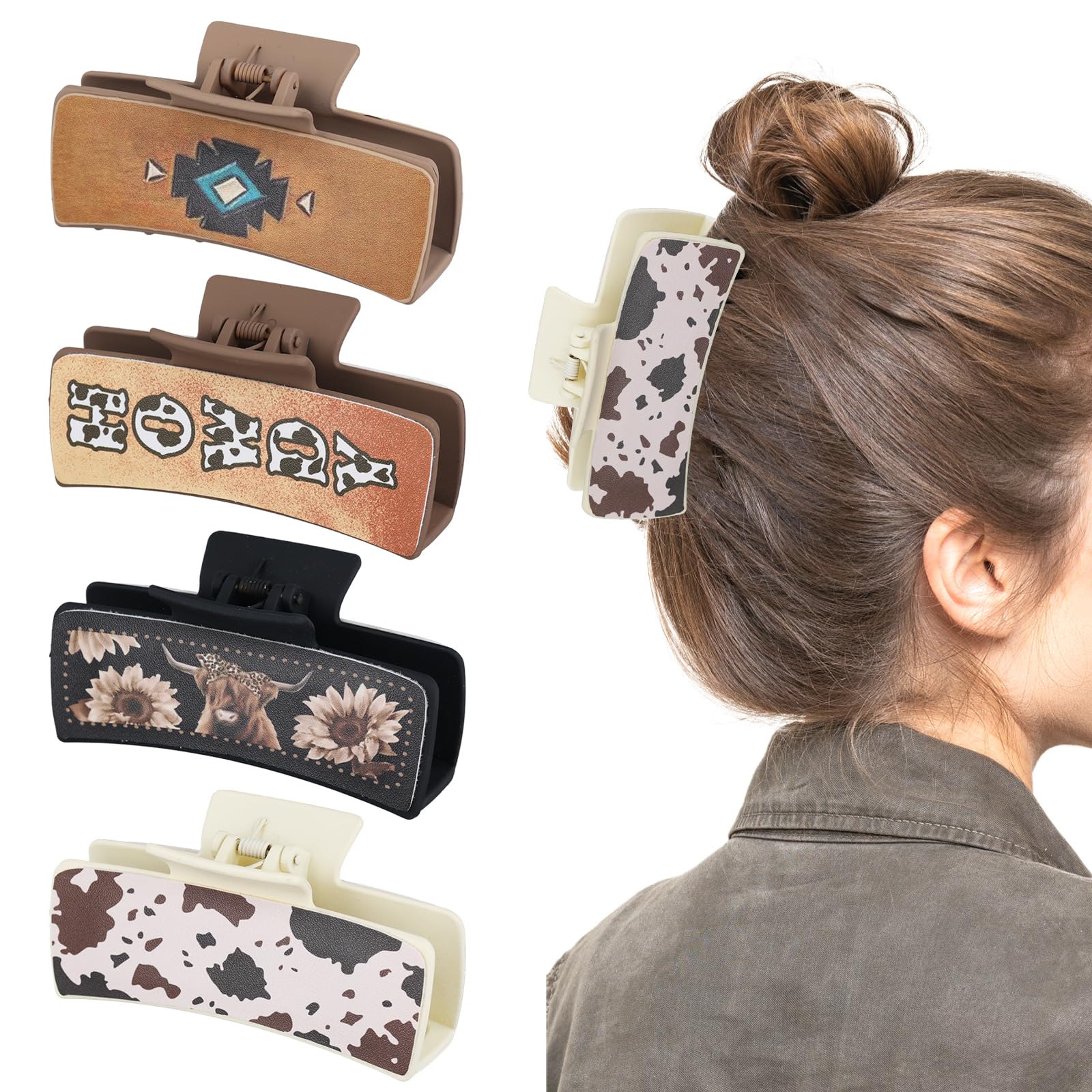 4pcs Western Leather Hair Claw Clips, Square Jaw Clips with 4 Patterns Southwest Highland Cattle Print Cowhide Hair Accessories Aesthetic Large Hairgrips for Women Girls Thick Long Hair