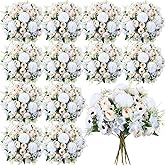 Tigeen 24 Bundles Peonies Artificial Flowers Faux Roses Artificial Flowers Hydrangea Bouquet for Wedding Table Centerpiece Floral Vase Home Office Bridal Decor(Champagne White)