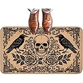 Gothic Skull and Crow Doormat for Front Door Outdoor Indoor, Non-Slip Welcome Mat with Vintage Rose and Skull Raven, Entry Rug for Porch, Home, Office, Living Room, Bathroom Decor 29.5x17 Inch