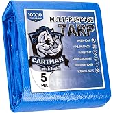 CARTMAN 10x10Ft Multipurpose Waterproof Poly Tarp Cover 5 Mil, Blue | Reinforced edges, metal grommets every 36in, 8x8 weave; great for moving, temporary shelter and short-term outdoor coverage