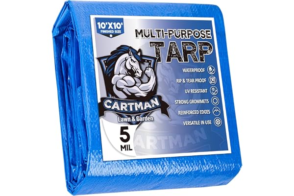 CARTMAN 10x10Ft Multipurpose Waterproof Poly Tarp Cover 5 Mil, Blue | Reinforced edges, metal grommets every 36in, 8x8 weave; great for moving, temporary shelter and short-term outdoor coverage