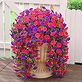 Dolicer 2 Pack Look Real Artificial Flowers for Outdoors, Fake Artificial Hanging Flowers for Outdoors Realistic UV Resistant Hanging Flowers Silk Petunia Faux Flowers for Porch Patio(Purple+Rose Red)