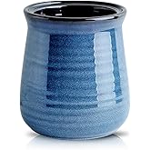 HASENSE Large Utensil Holder Crock for Kitchen Counter, 7.1" Ceramic Cooking Utensil Organizer for Countertop, Farmhouse Vintage Utensil Caddy for Spatula Spoon, Rustic Home Table Decor, Blue
