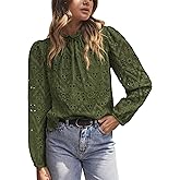 PRETTYGARDEN Tops for Women 2026 Spring Long Sleeve Blouses Dressy Casual Embroidered Eyelet Shirts Fall Going Out Outfits