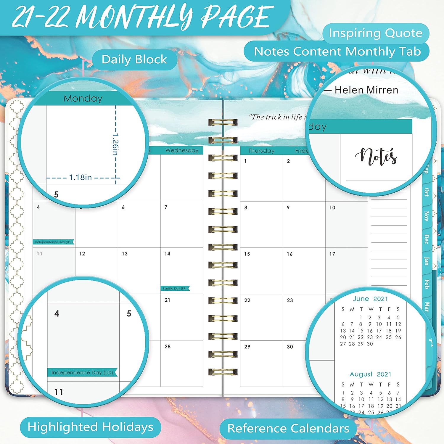 2021-2022 Planner - Academic Planner 2021-2022 Weekly & Monthly with Tabs, 6.3" x 8.4", July 2021 - June 2022, Hardcover with Back Pocket + Thick Paper + Twin-Wire Binding - Contrast Watercolor: Office Products