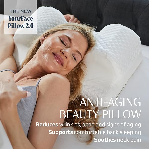 YOURFACEPILLOW, BACK SLEEPER BEAUTY PILLOW, CERVICAL NECK PILLOW CONTOUR MEMORY FOAM PILLOW, ERGONOMIC NECK, BACK & SHOULDER SUPPORT. BACK SLEEPING REDUCES PRESSURE ON SKIN – COOLING WITH SATIN CASE
