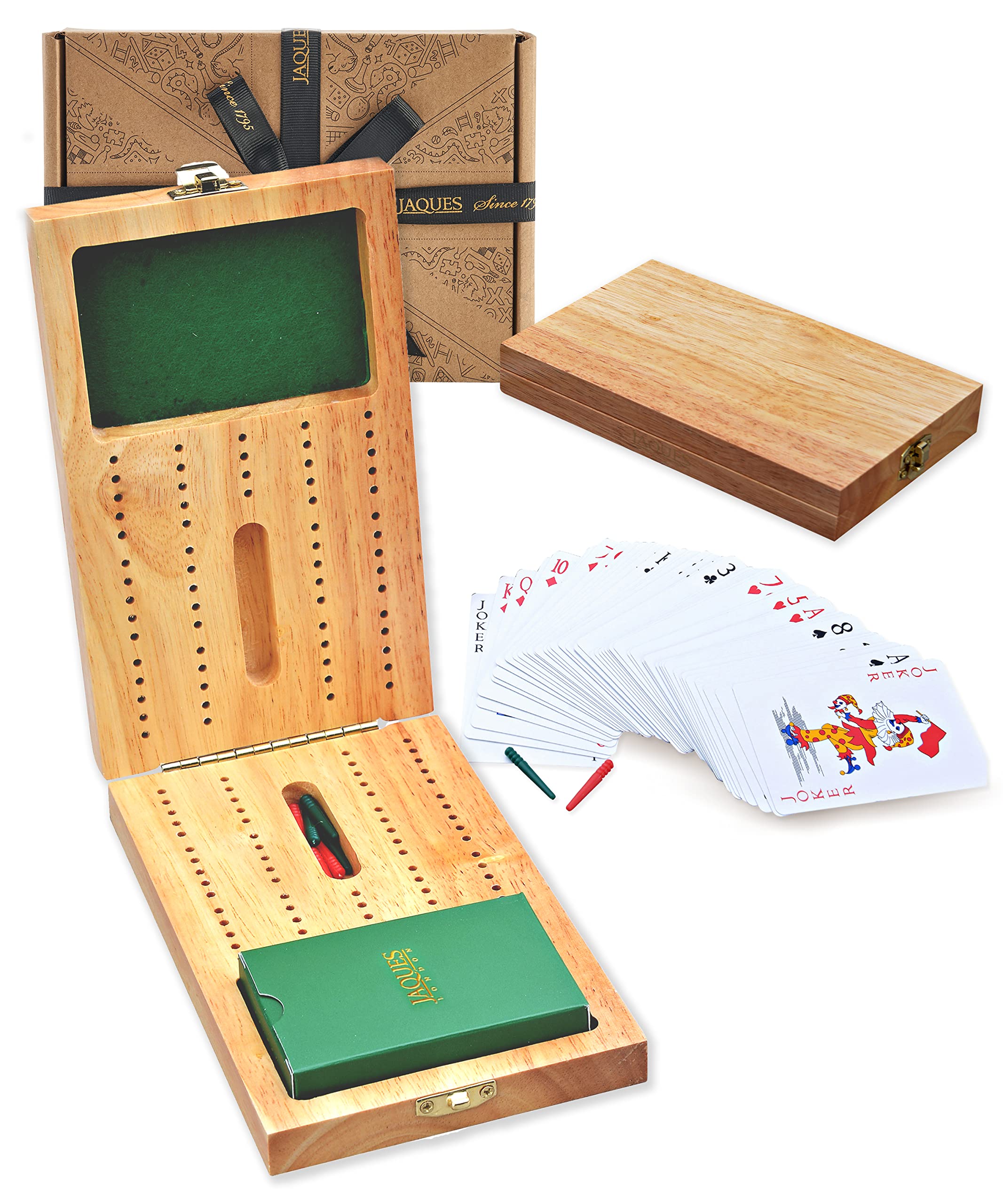 Jaques of London Cribbage Board Set, Traditional Card Game with Playing Cards, Pegs and Folding Hardwood Board