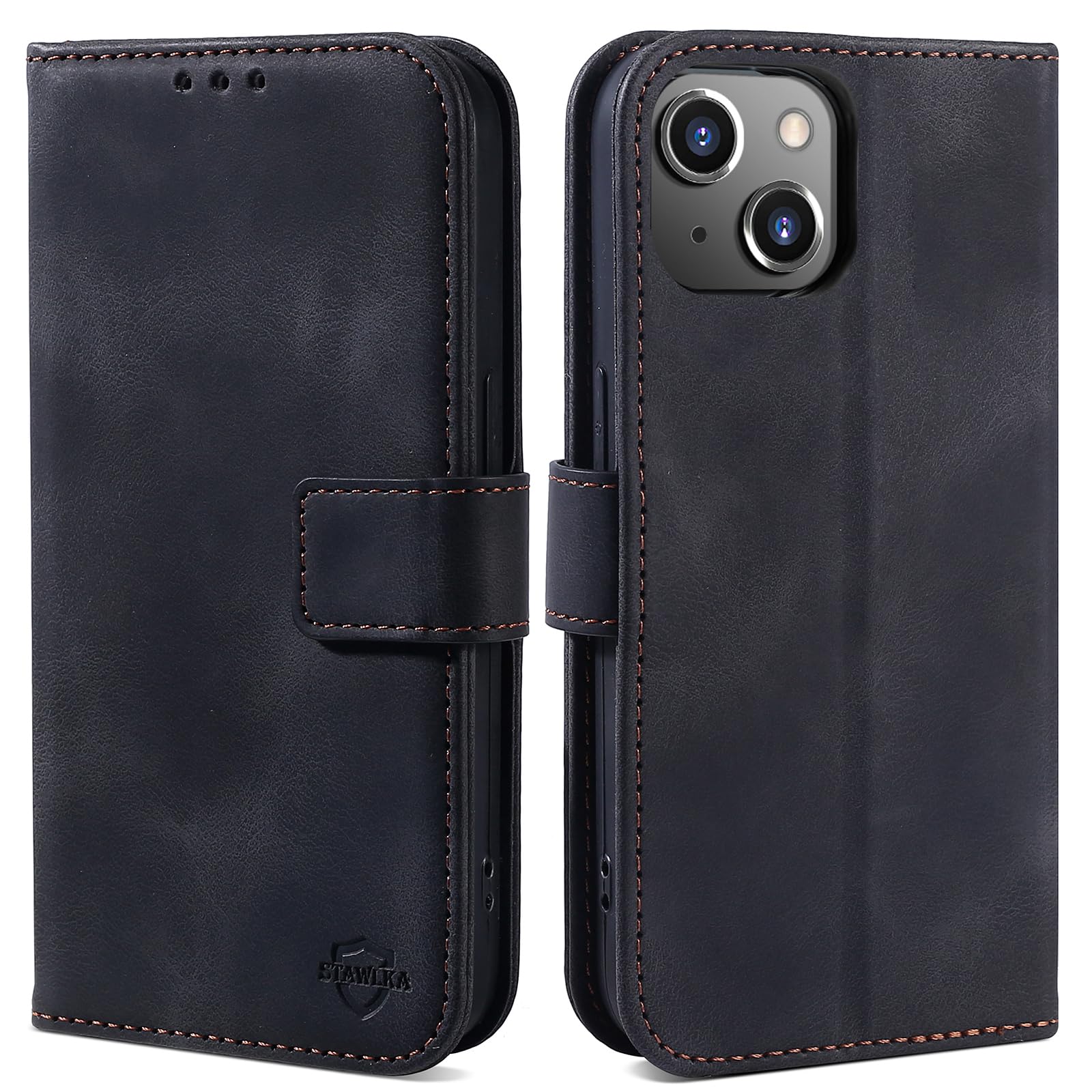 STAWLKA Case for iPhone 13, Premium Flip Wallet Case Card Holder Kickstand Magnetic PU Leather Shockproof TPU Bumper Protective Folio Phone Cover for iPhone 13 - Black