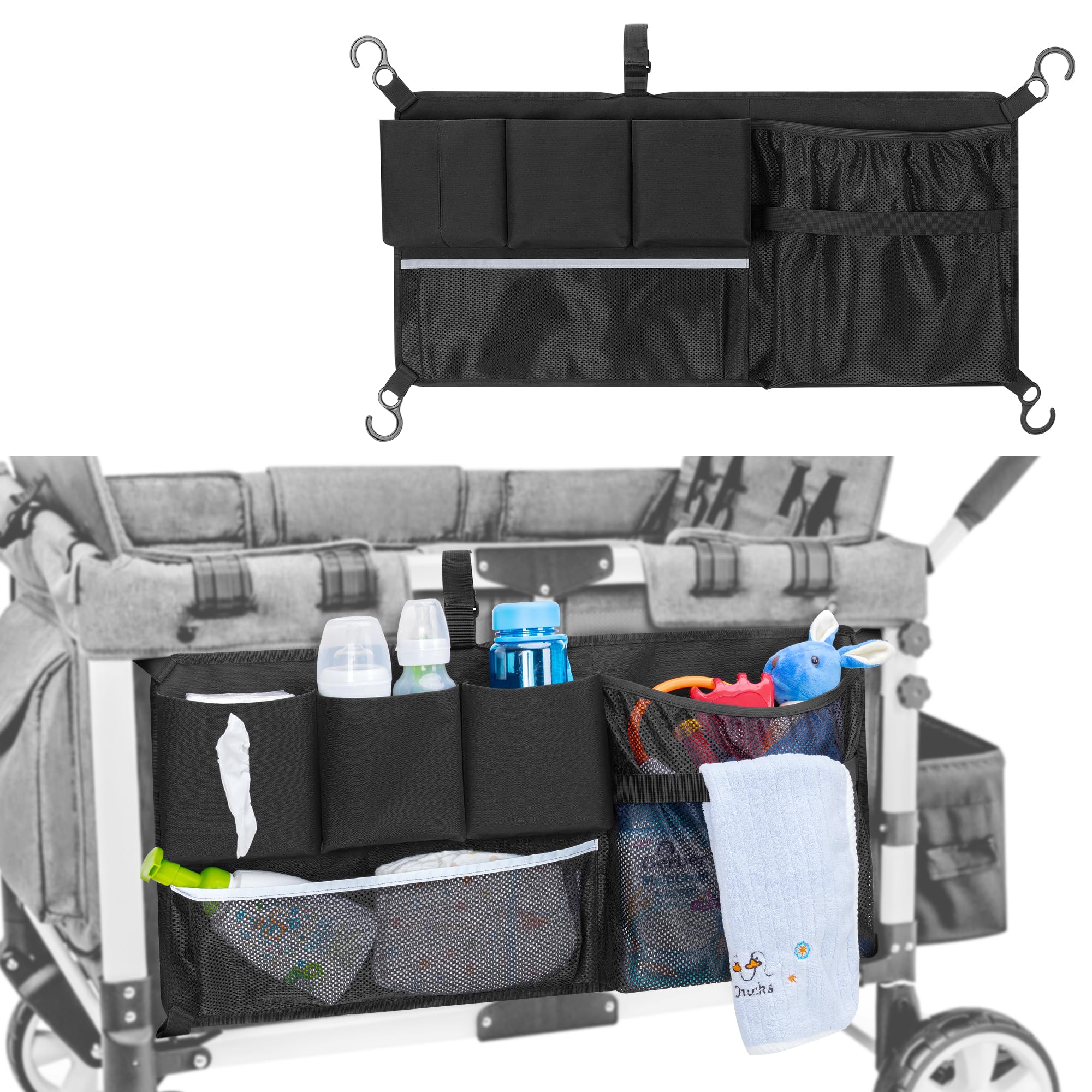 HODRANT Stroller Wagon Cargo Net Compatible with WONDERFOLD All W-Series Models, Stroller Wagon Accessories Organizer with Sorting Pockets, Large Capacity Mesh Cargo Storage Net for Dry Wet Separation