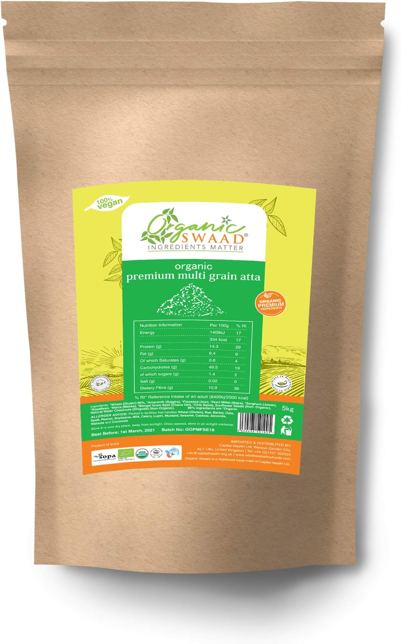 Organic Swaad Premium Multigrain Flour (Chakki Atta) 5kg EU, USDA, India Organic Certified and Halal