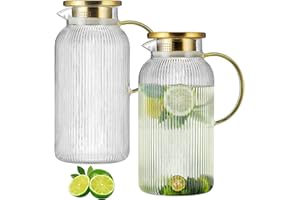 Buaic 2 PACK Glass Pitcher with Lid, 68 oz/2L Liter Classic Vertical Stripes Water Pitcher,Glass Water Carafe for Cold Brew, Coffee, Lemonade, Iced Tea,Beverage, Heat Resistant Water Glass Jug