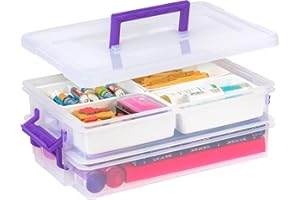 IRIS USA 8.9 L Large 2-Layer Portable Stack and Carry Storage Bin with Buckle-Up Lid, 4 Removable Dividers, for Arts Crafts S