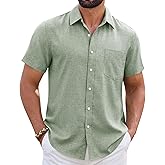 ROUWELL Mens Linen Shirt Short Sleeve Wrinkle Free Casual Untucked Button Down Shirts Beach Breathable Tops Summer