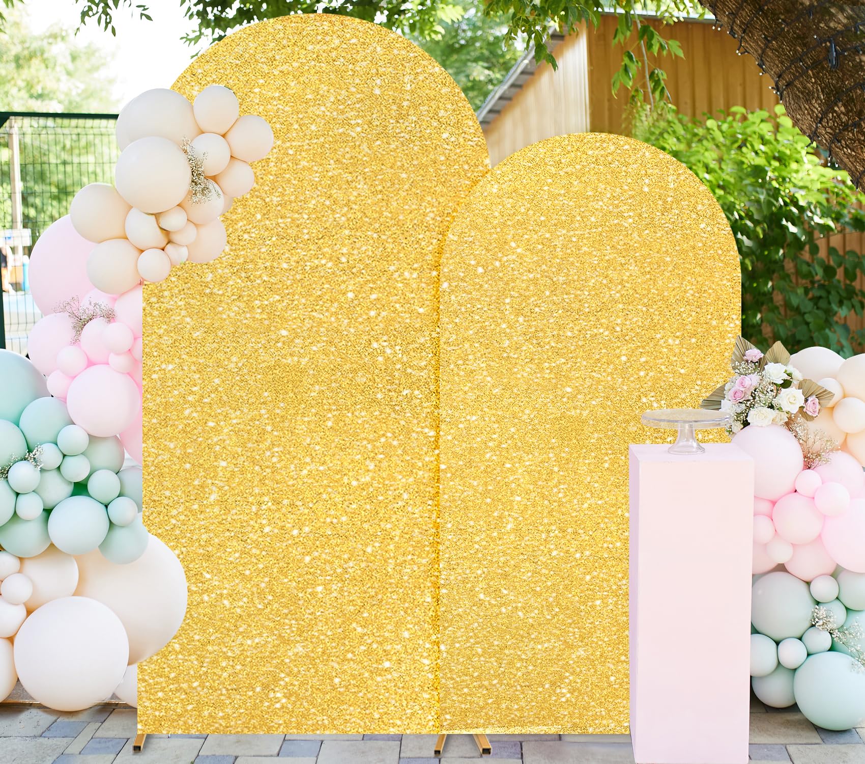 Photo 1 of FUHSY Set of 2 Arch Backdrop Cover Gold Wedding Arch Covers 7.2FT, 6FT Chiara Arched Covers Stretchy Backdrops Sparkle Spandex Sequin Backdrop Arches Cover for Balloon Birthday Party Graduation Decor