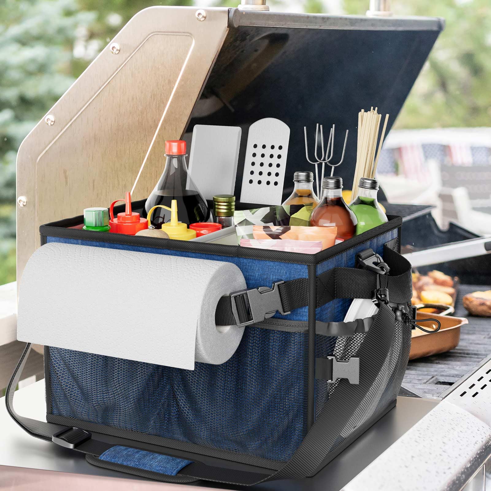 FANGSUN Large Grill and Picnic Caddy with Paper Towel Holder, BBQ Organizer for Utensil, Plate, Condiment, Collapsible & Easy Carry Griddle Caddy, Must Haves for Outdoor, Camper, Travel, Car, RV