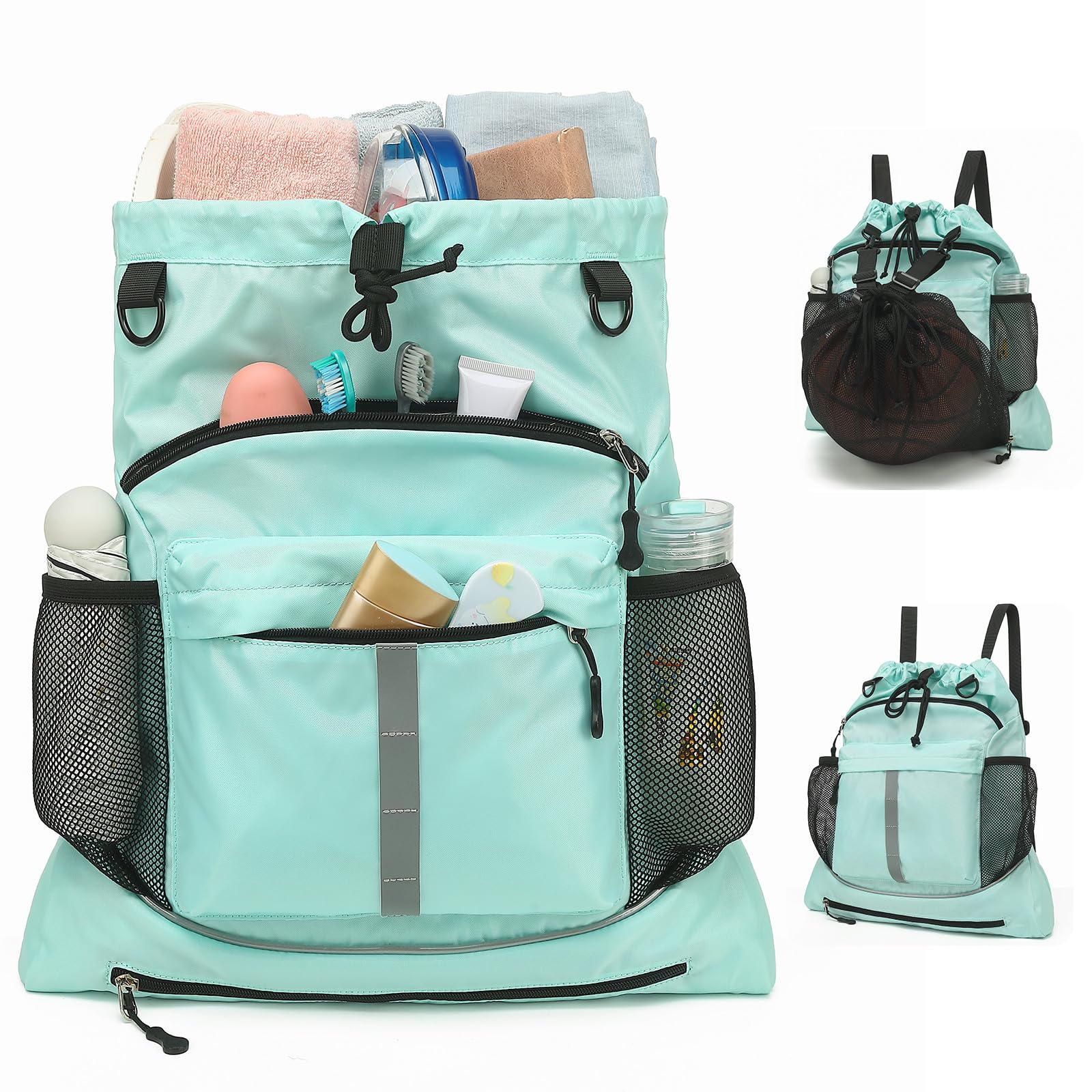 Photo 1 of Drawstring Backpack, Waterproof Sandproof Beach Backpack for Sport Gear Small Gym Bag with Hidden Ball Net Pocket and Seperated Wet Pocket Draw String Back Bag for Women Men, Green