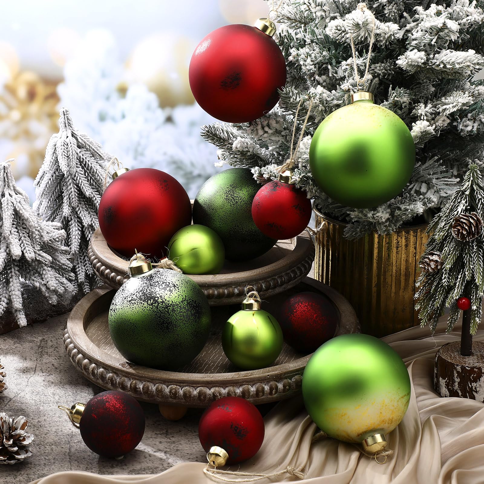 Photo 1 of 12 Pcs Red and Green Matte Glass Christmas Ornament 4 Inch 2.36 Inch Vintage Neutral Metallic Christmas Ornament Xmas Tree Ball Decoration Textured Glass Ball with Loop for Xmas Decor Party Supplies