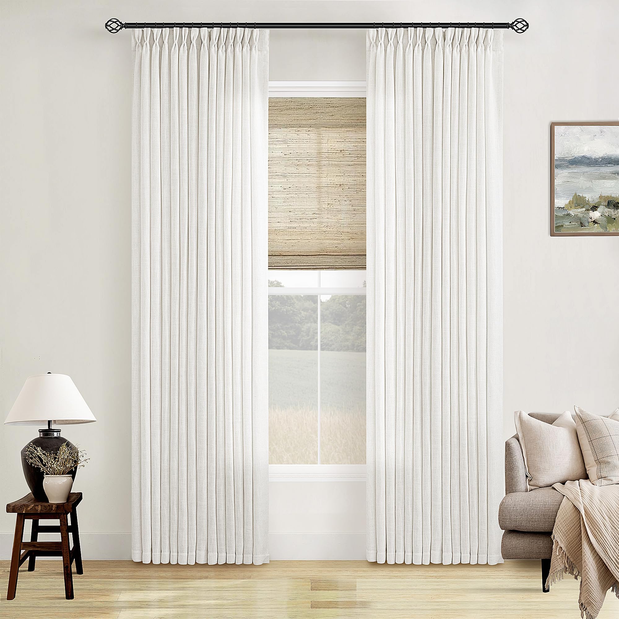 Photo 1 of TWODRAPES Beige White Linen Curtains Pinch Pleated 84 Inches Long for Living Room Bedroom Pleat with Rings Back Tab Semi Sheer Curtains 84 Inch Length 2 Panels Set Light Filtering Farmhouse Drapes
