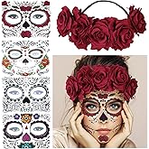 4 Kits Day of the Dead Sugar Skull Temporary Face Tattoo Makeup Tattoo for Men and Women with 1 Rose Red Flower Crown Headband for Halloween Costume