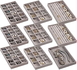 Frebeauty Schmuck Organizer Tablett, stapelbare Samt Schmuck Tabletts, Schublade Einsätze Ohrring Organizer für Frauen Mädchen Lagerung Vitrine für Ringe Stud Halsketten, Set 9(Grau)