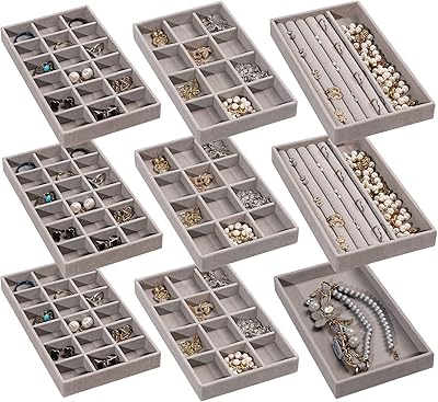 Frebeauty Schmuck Organizer Tablett, stapelbare Samt Schmuck Tabletts, Schublade Einsätze Ohrring Organizer für Frauen Mädchen Lagerung Vitrine für Ringe Stud Halsketten, Set 9(Grau)