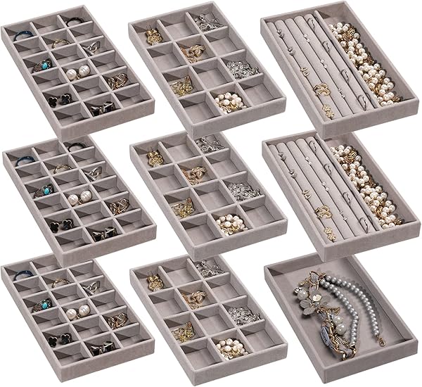 Frebeauty Schmuck Organizer Tablett, stapelbare Samt Schmuck Tabletts, Schublade Einsätze Ohrring Organizer für Frauen Mädchen Lagerung Vitrine für Ringe Stud Halsketten, Set 9(Grau)