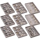 Frebeauty Jewelry Organizer Tray,Stackable Velvet Jewelry Trays,Drawer Inserts Earring Organizer For Women Jewelry Storage Display Case for Rings Stud Necklaces,Set of 9(Grey)