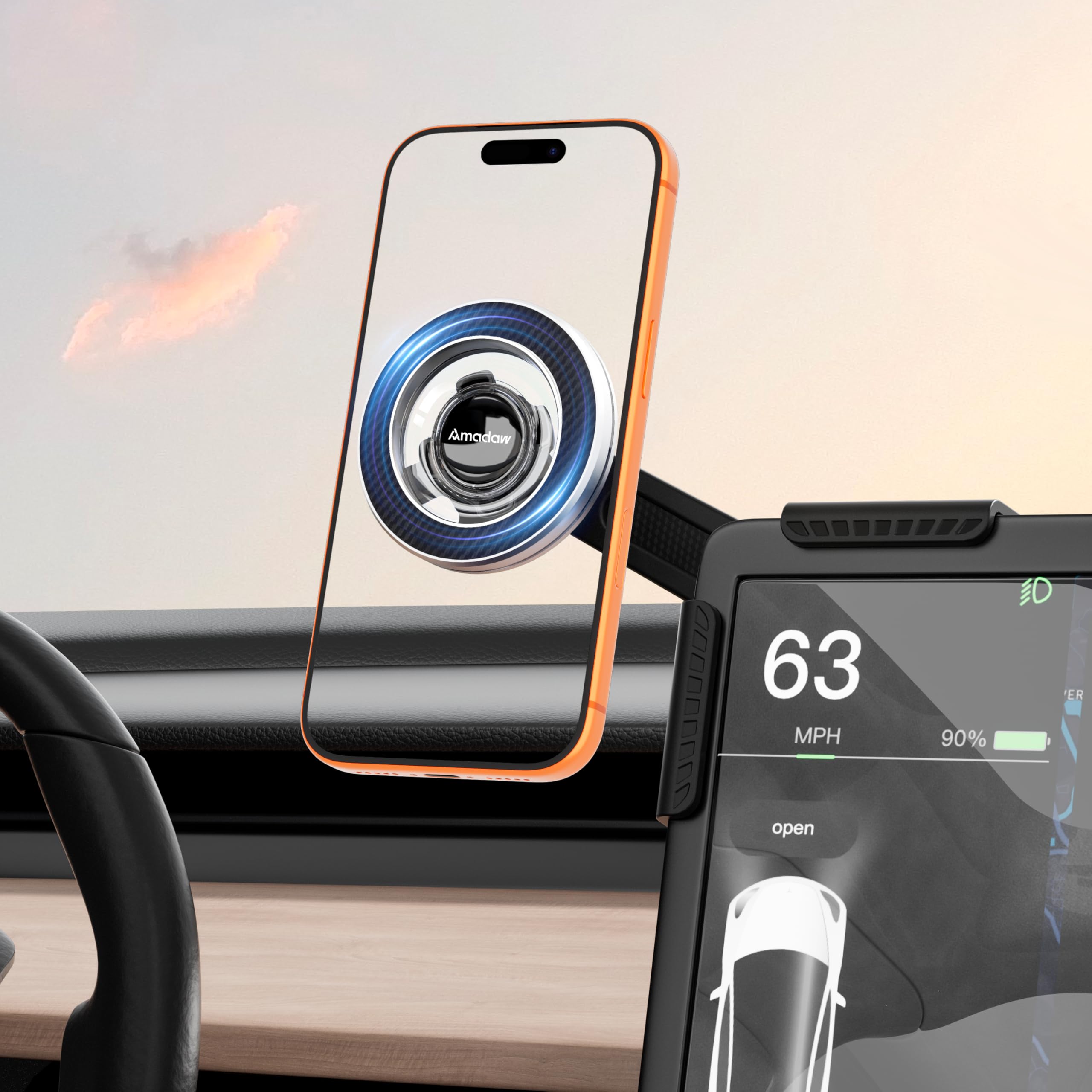AMADAW 2026 Upgrade Tesla Phone Mount [Non-Adhesive Version] [N55 Strongest Magnet] Hands-Free No-Drop for Magsafe, Fits for Tesla Model Y/3/X/S/Cybertruck, Compatible with iPhone 17/16/15 All Phones