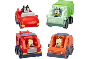 Bluey Mini Racers, 4 of The Most Popular Vehicles in Mini Form. Roll and Race with Garbage Truck Bluey, Fire Truck Bingo, Con