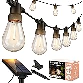 Brightech Ambience Pro Solar Powered Outdoor String Lights, 48 ft Commercial Grade Waterproof Patio Lights, 15 Edison Bulbs, Shatterproof LED String Lights for Outside, Porch - 1W Soft White
