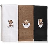 SmoothNovelty 3 Pcs Highland Cow Hand Towels for Bathroom Embroidered Bathroom Towels Farmhouse Decorative 13.78 x 29.53 Inch Absorbent Soft Cotton for Dish Fast Drying Decor