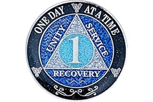 SIMPLY MINIMAL (Years 1-50) 1 Year AA Recovery Silver Color Plated Glitter Medallion, Black Rainbow, Blue, Silver Glitter Coin, Epoxy Covered (AA 1 year Glitter Medallion)