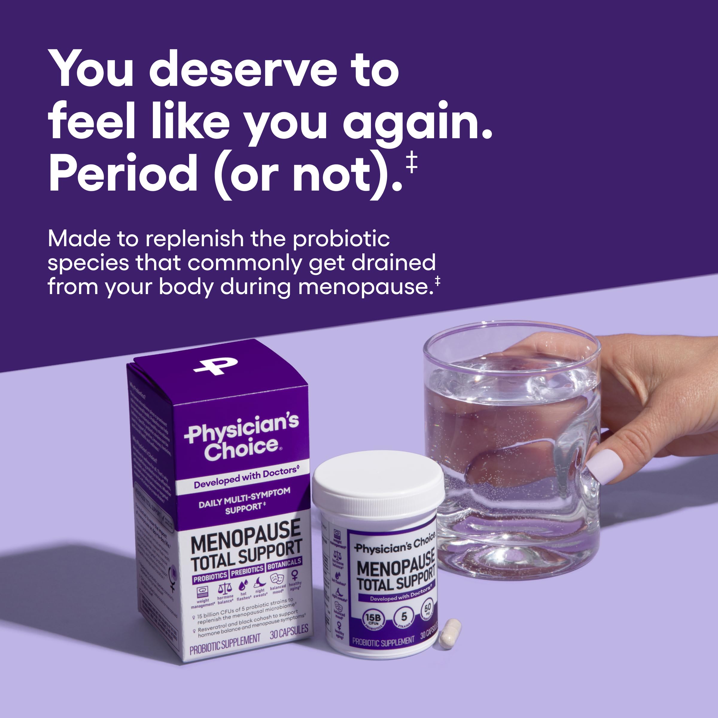 Physician's CHOICE Menopause Probiotic Supplement for Women - Natural Support for Hot Flashes, Night Sweats, Hormone Balance, Weight Management & Bloating - with Black Cohosh & Resveratrol - 30ct