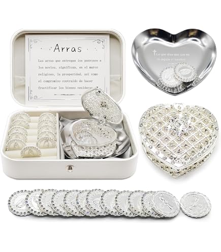 TINGKU Set Di 13 Monete Arras Per Matrimonio Cattolico - Con Scatola Portagioie A Cuore, Strass E Vergine Di Guadalupe