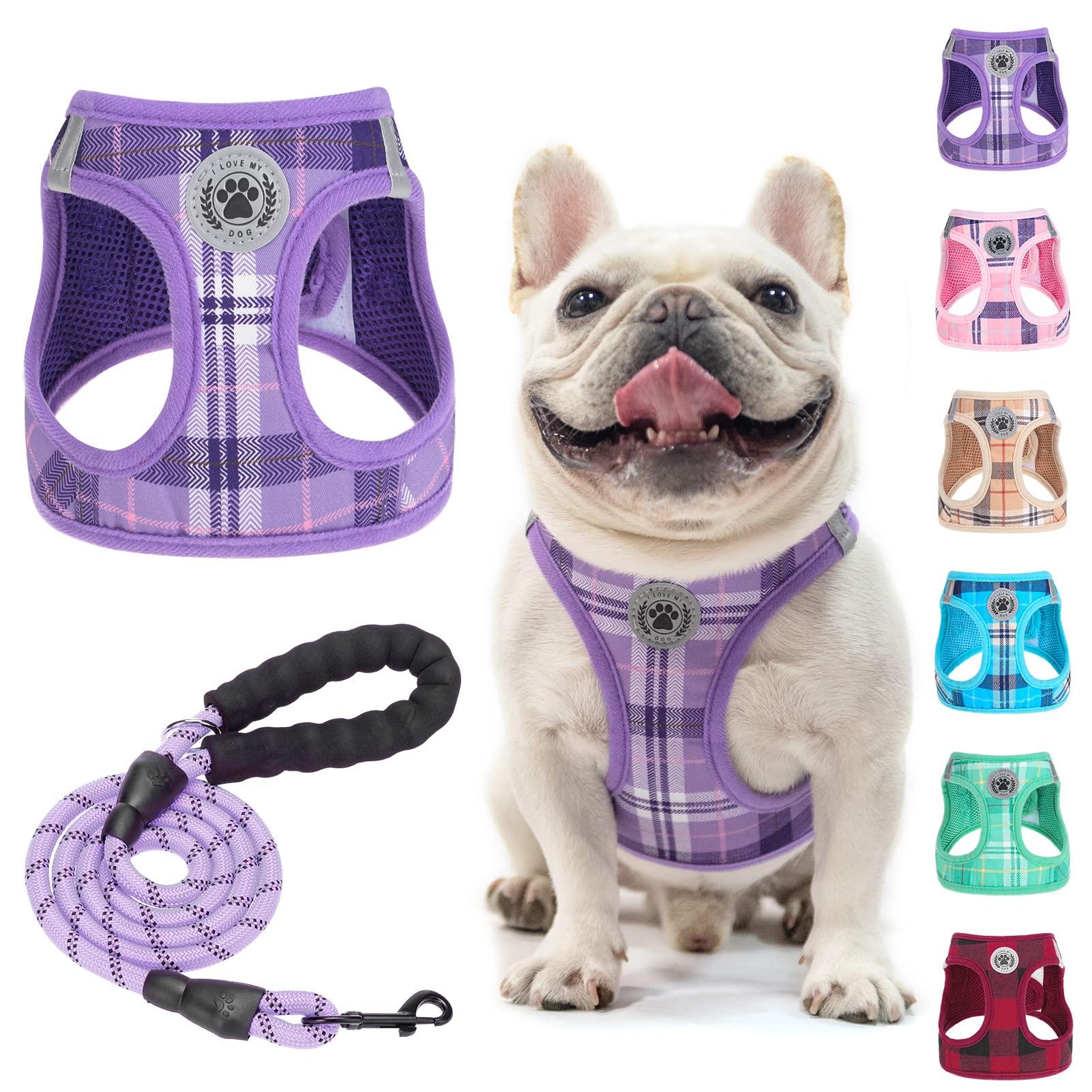 BEAUTYZOO Small Dog Harness and Leash Set, Step in No Choke No Pull Soft Mesh Dog Harnesses Reflective for Extra-Small/Small Medium Puppy Dogs and Cats, Plaid Dog Vest Harness for XS S Pets, Purple M
