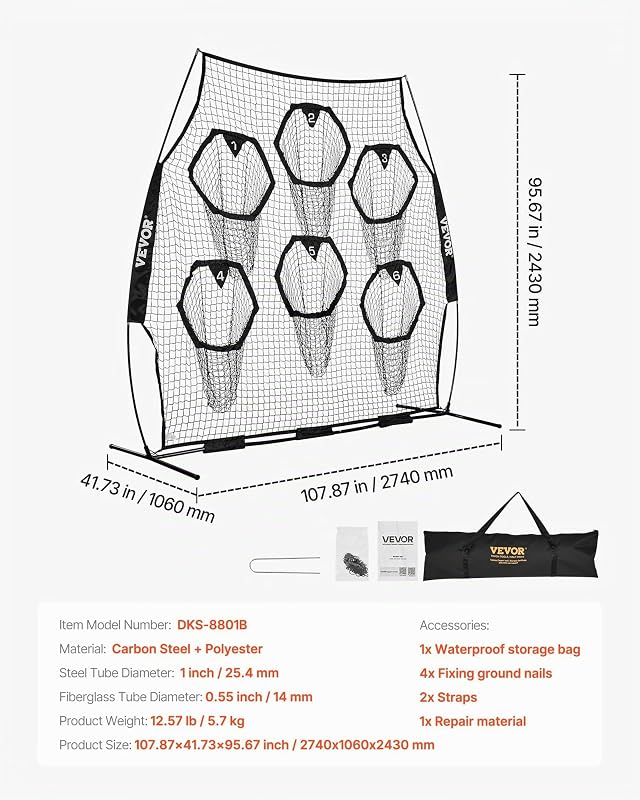 Filet d'entraînement pour Football 274 x 243 cm, Filet de Lancer de Rugby avec 6 Poches pour cibles, sans nœuds, Sangles et étui de Transport Inclus, pour améliorer la précision de Lancer, Noir