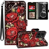 FKIUBWRY for Moto G 2026/2025 Case,Moto G Play 2026 Case with Screen Protector & Kickstand & Wrist Strap & Card Holder Leather Flip Fold Wallet Protective Magnetic Heavy Duty,Red Rose Flower