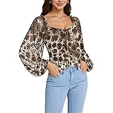 LYANER Women's Sweetheart Neck Self Tie Knot Shirred Back Mesh Lantern Long Sleeve Blouse Shirt Top