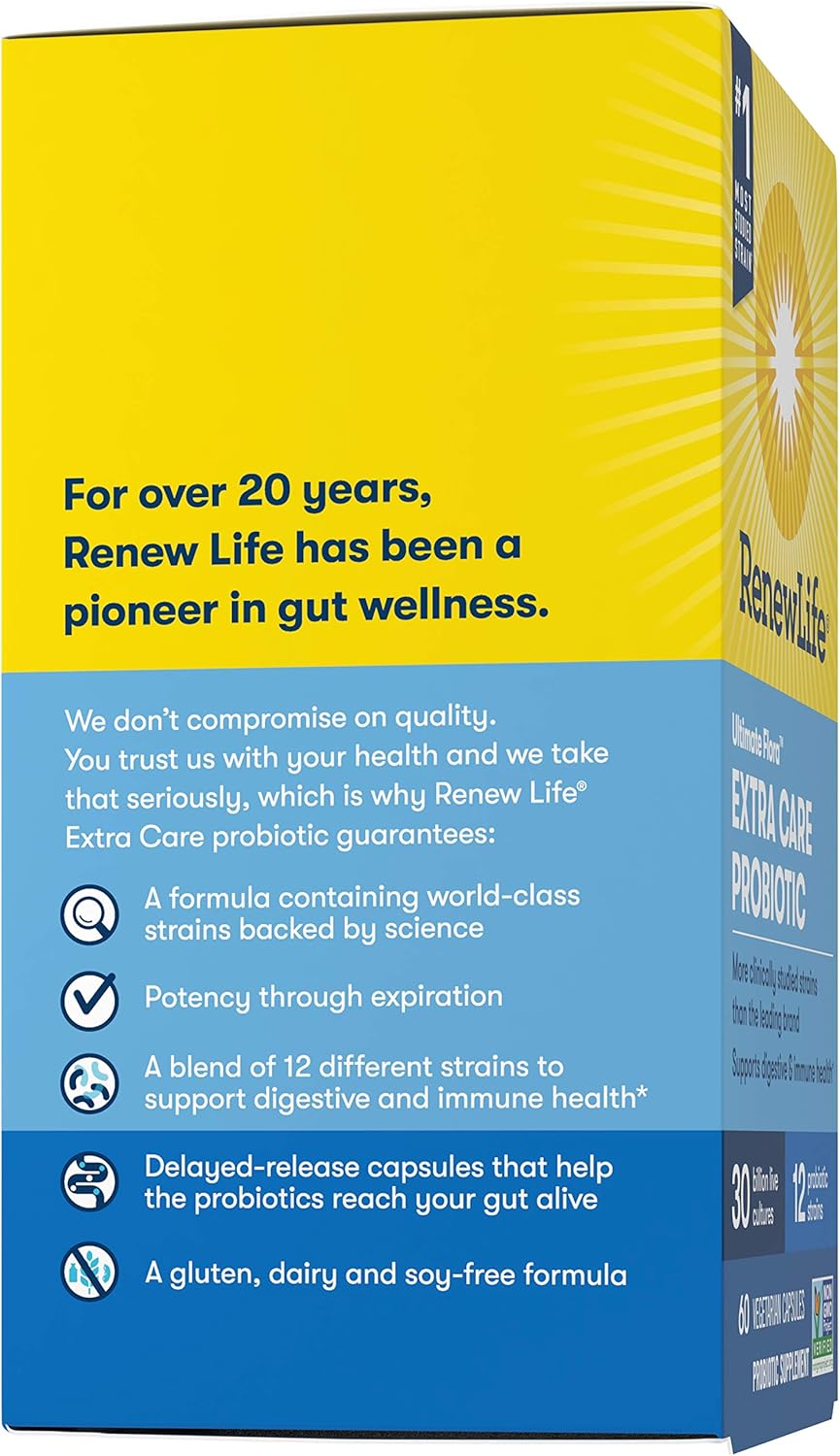Renew Life Adult Probiotics 30 Billion CFU Guaranteed, 12 Strains, For Men & Women, Shelf Stable, Gluten Dairy & Soy Free, Ultimate Flora Extra Care, 60 Count, Pack of 1: Health & Personal Care